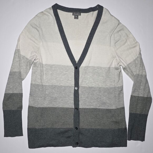 Eddie Bauer Womens Gray and White Striped Cardigan Sweater Size Large - Picture 1 of 12